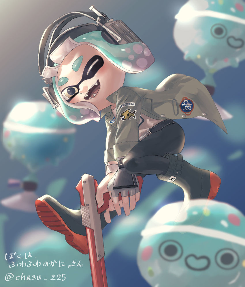 1boy absurdres belt black_footwear black_pants blurry blurry_background boots commentary_request full_body furrowed_brow green_jacket gun headphones highres holding holding_gun holding_weapon inkling inkling_boy inkling_player_character jacket koyomi_yamai male_focus medium_hair n-zap_(splatoon) one_eye_closed open_clothes open_jacket open_mouth pants print_footwear print_jacket rubber_boots smile solo splatoon_(series) splatoon_3 super_chump_(splatoon) teeth tentacle_hair translation_request weapon