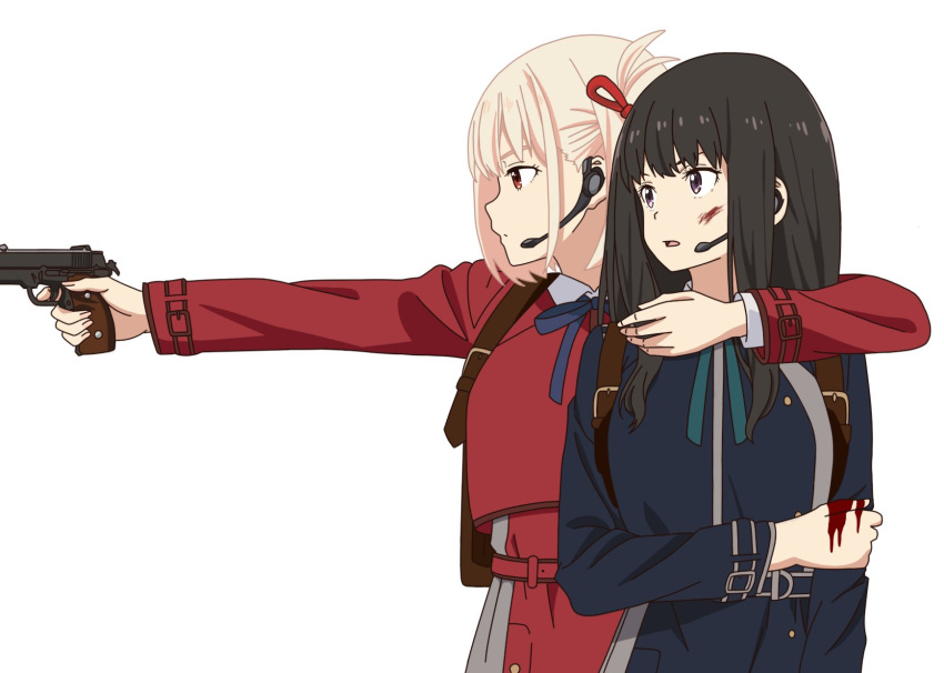 2girls belt black_hair blonde_hair blood blood_on_face blood_on_hands blue_belt blue_dress blue_ribbon bob_cut closed_mouth commentary_request cowboy_shot dot_mouth dress finger_on_trigger green_ribbon grey_dress gun handgun highres holding holding_gun holding_weapon inoue_takina long_hair looking_to_the_side lycoris_recoil lycoris_uniform microphone multiple_girls neck_ribbon nishikigi_chisato open_mouth profile purple_eyes red_belt red_dress red_eyes red_ribbon ribbon short_hair simple_background standing two-tone_dress wataame_(i20cd9kpqn98580) weapon white_background