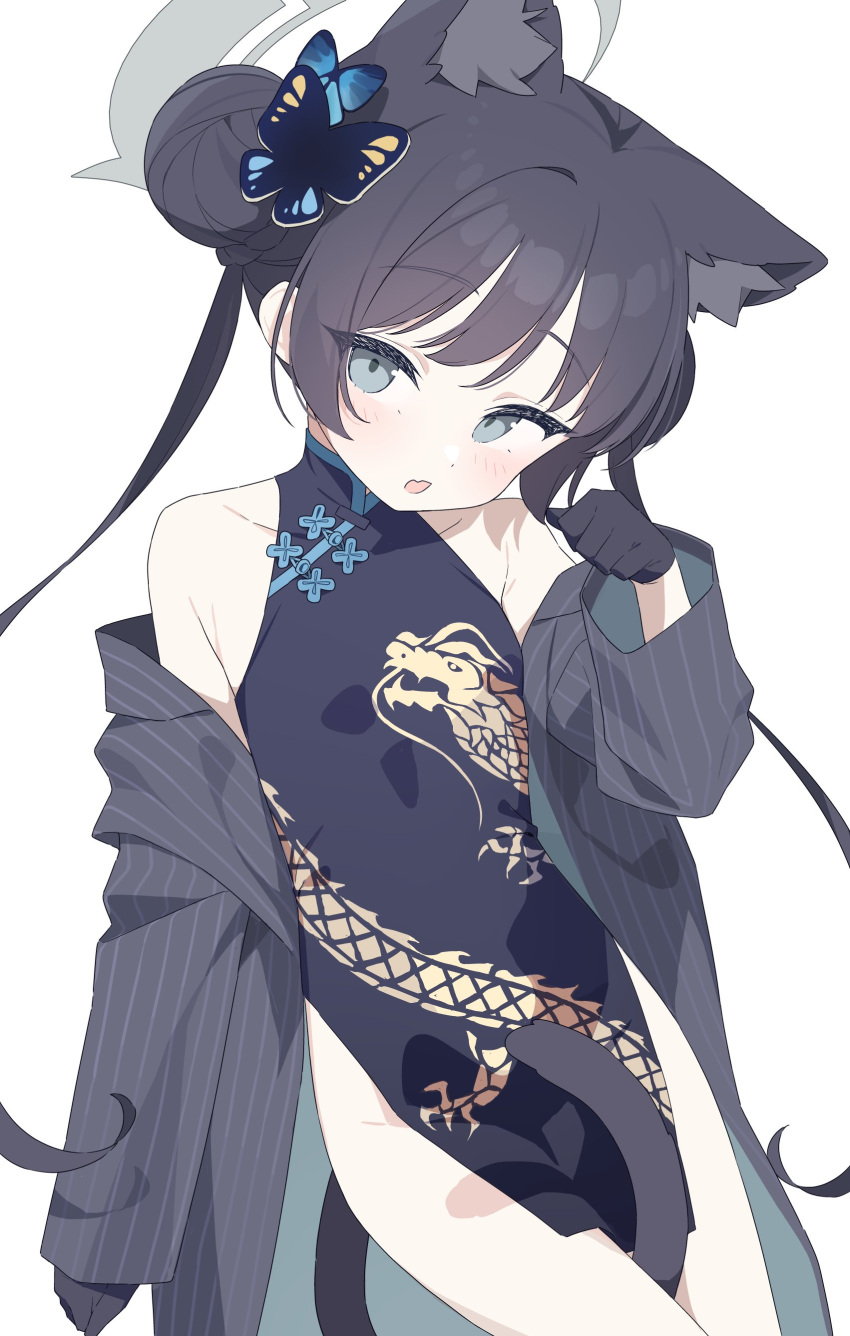 1girl :o absurdres animal_ear_fluff animal_ears arm_at_side bare_shoulders between_legs black_dress black_gloves black_hair black_jacket black_tail blue_archive blue_eyes blue_halo blush butterfly_hair_ornament cat_ears cat_tail china_dress chinese_clothes clenched_hands commentary_request cowboy_shot dot_nose double_bun dragon_print dress fang flat_chest gloves hair_bun hair_ornament halo hand_up highres jacket kemonomimi_mode kisaki_(blue_archive) looking_at_viewer paw_pose side_slit skin_fang sleeveless sleeveless_dress solo striped_clothes striped_jacket tail tail_between_legs twintails urotsuki_(2013.04) white_background