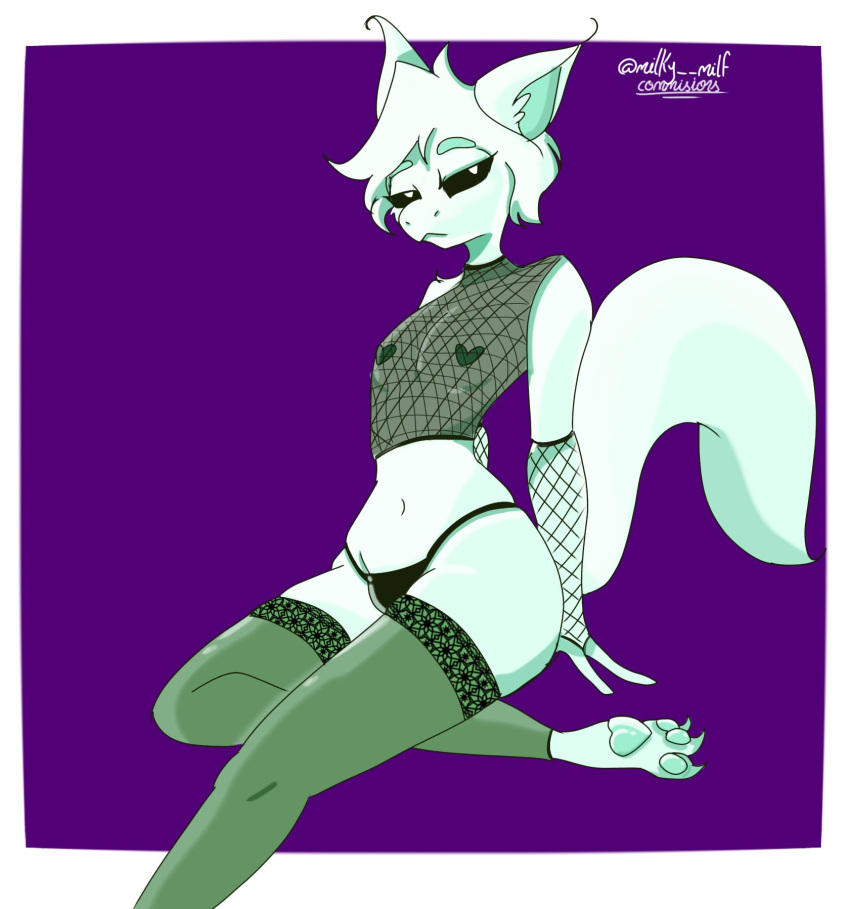 antennae_(anatomy) anthro apollo_caelum armwear bulge clothing fishnet fishnet_armwear fishnet_clothing fishnet_topwear gieeg girly hi_res legwear looking_at_viewer male milky_milf pasties pawpads solo stockings tail thong topwear underwear