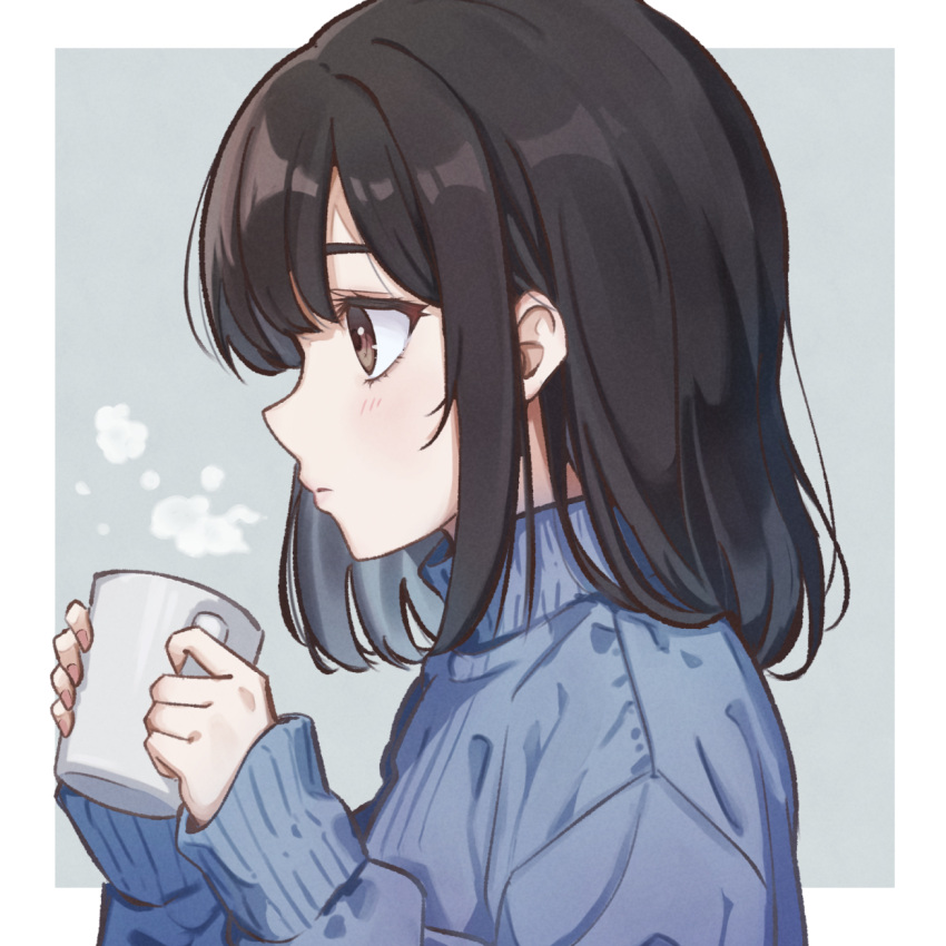 1girl black_hair blue_sweater brown_eyes coffee_mug cup hair_between_eyes highres mug original profile puffy_sleeves short_hair sleeves_past_fingers sleeves_past_wrists solo sweater yuri_yone