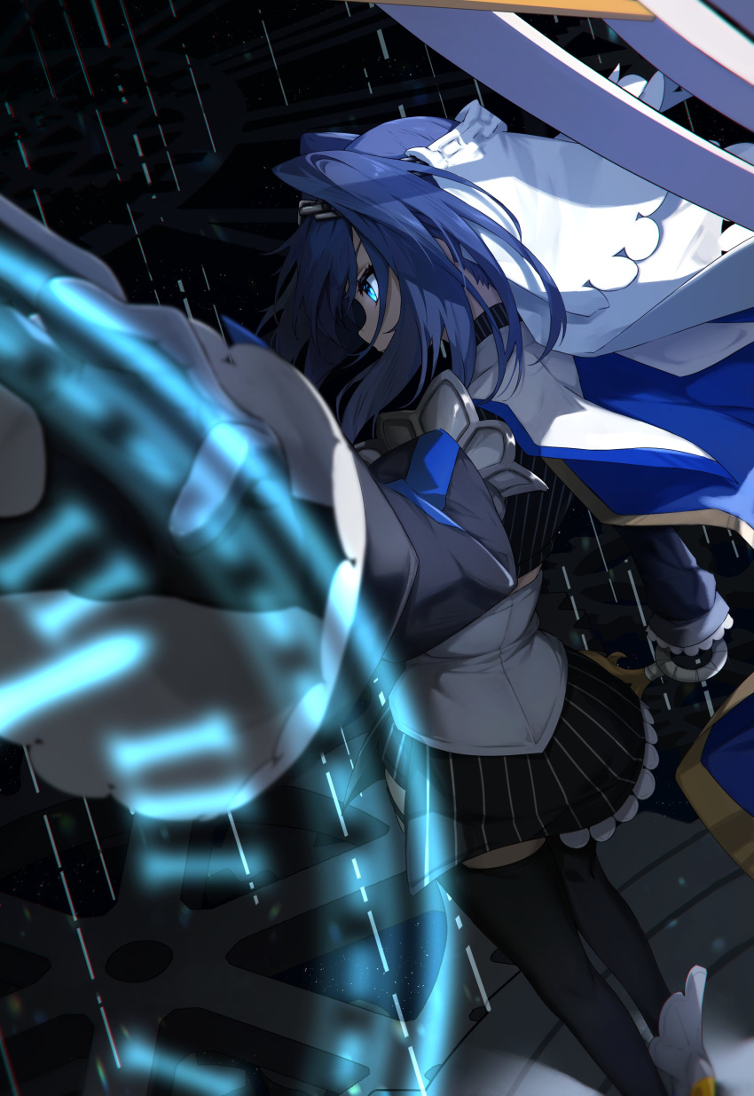 1girl absurdres black_gloves black_thighhighs blue_cape blue_eyes blue_hair cape chain chain_headband clock clothing_cutout collar detached_sleeves floating_hair from_behind gears gloves glowing glowing_eye hair_intakes halo heart highres holding holding_sword holding_weapon hololive hololive_english jewelry juliet_sleeves long_sleeves mechanical_halo micro_shorts miniskirt ouro_kronii ouro_kronii_(1st_costume) puffy_sleeves shirt short_hair shorts skirt sky sleeveless sleeveless_shirt sleeveless_turtleneck solo star_(sky) starry_sky sword thighhighs tokyo_(1421) turtleneck veil virtual_youtuber weapon white_footwear yellow_footwear