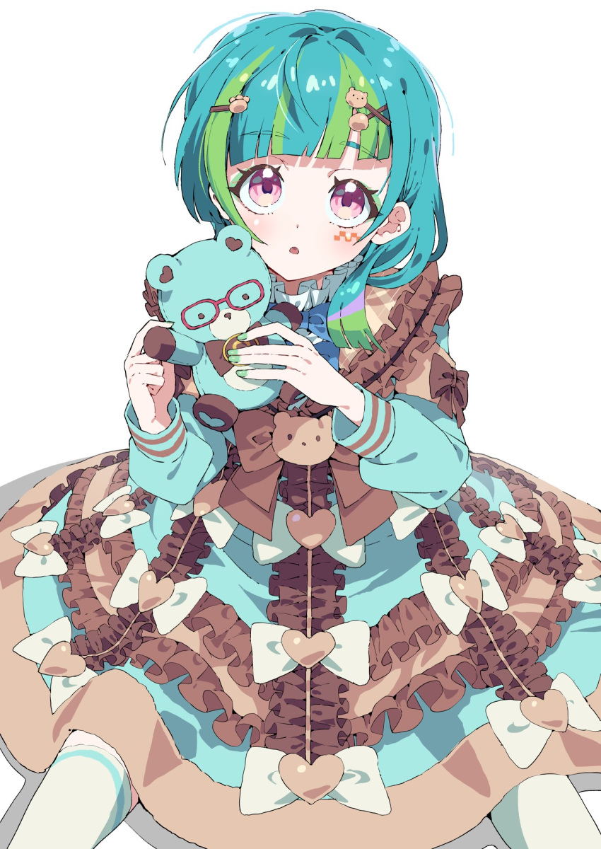 1girl blue_dress blue_hair blunt_bangs bow commentary_request dress facial_mark feet_out_of_frame frilled_dress frills green_hair green_nails hair_ornament highres idol_clothes long_sleeves looking_at_viewer multicolored_hair nail_polish omega_auru omega_auru_(primagista) open_mouth pink_eyes pretty_series short_hair simple_background sitting solo streaked_hair stuffed_animal stuffed_toy teddy_bear tsujii_ruki waccha_primagi! white_background white_bow x_hair_ornament