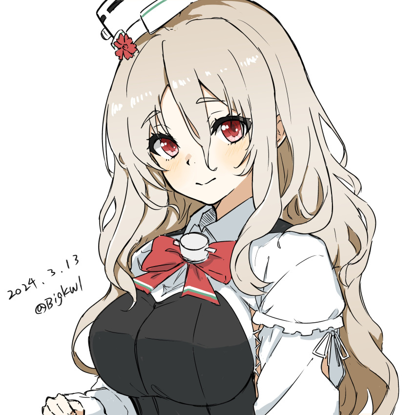 1girl absurdres bigkwl bodice bow bowtie breasts collared_shirt dated dress_shirt grey_hair hair_between_eyes hat highres kantai_collection large_breasts long_hair mini_hat one-hour_drawing_challenge pola_(kancolle) red_bow red_bowtie red_eyes shirt simple_background solo thick_eyebrows tilted_headwear twitter_username wavy_hair white_background white_shirt