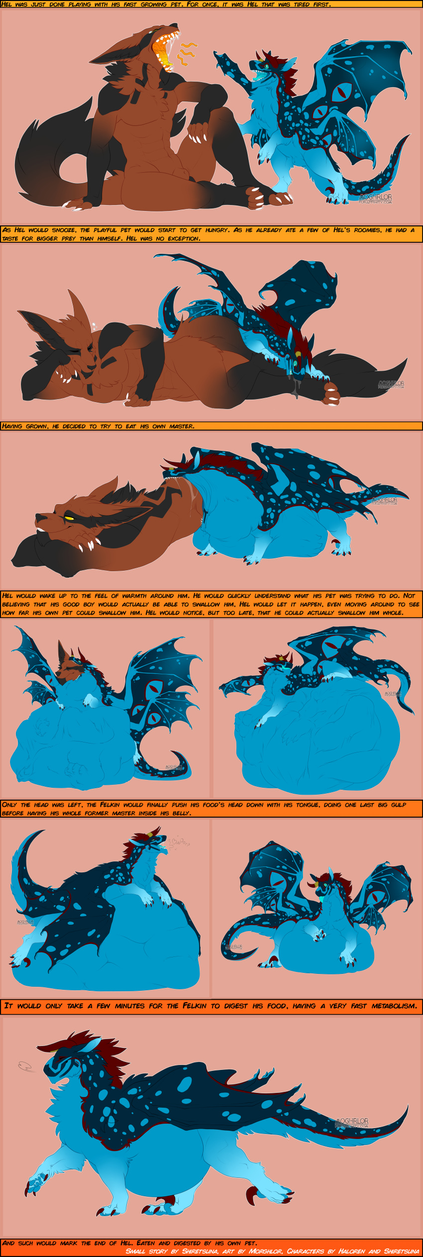 abdominal_bulge absurd_res anthro belly burping canid canine death digestion dragon duo fatal_vore felkin feral fox haloren hel_(shiretsuna) hi_res hybrid male male/male mammal morghlor oral_vore sleeping smaller_pred soft_vore swallowing vore