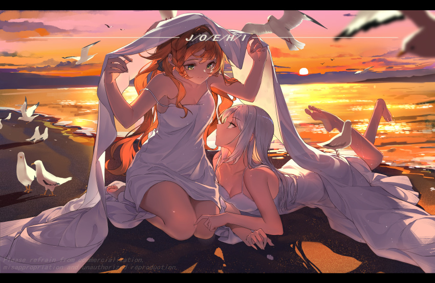 2girls absurdres beach bikini bird blanket evening gradient_skin green_eyes highres joehi looking_at_another loose_bikini multiple_girls ocean orange_hair reverse:1999 sonetto_(reverse:1999) sunset swimsuit too_many too_many_birds vertin_(reverse:1999) white_bikini white_hair yuri