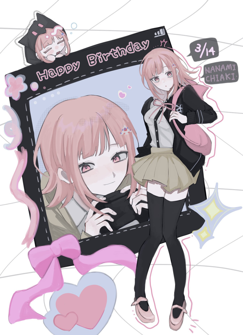 1girl backpack bag black_jacket black_thighhighs bow brown_hair character_name closed_mouth controller danganronpa_(series) danganronpa_2:_goodbye_despair dated grey_shirt hair_ornament happy_birthday heart highres holding holding_controller jacket medium_hair miniskirt multiple_views nanami_chiaki open_clothes open_jacket pink_bag pink_bow pink_footwear pleated_skirt shirt skirt sleeping smile spaceship_hair_ornament thighhighs zettai_ryouiki