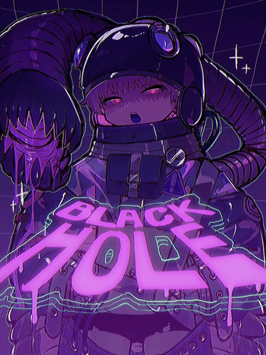 ! 1boy amazuore animal_helmet black_shorts cyberspace dark dot_nose dripping english_text hand_on_own_hip highres long_sleeves looking_at_viewer micro_shorts midriff opabinia open_mouth pink_pupils purple_eyes purple_hair purple_theme short_hair shorts solo spacesuit sparkle standing teeth tube upper_teeth_only