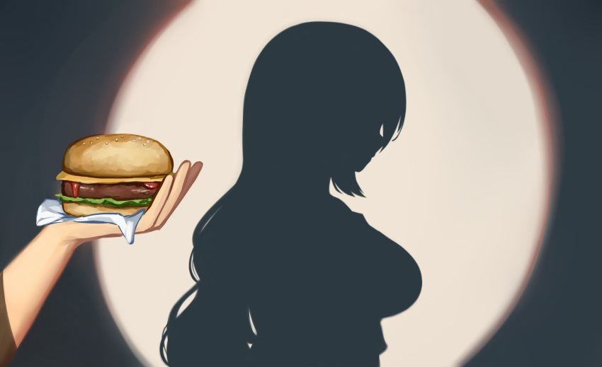 1girl breasts burger cheese commentary different_shadow food food_wrapper from_side highres holding holding_food hololive hololive_indonesia hololive_shadow_puppet_(meme) ketchup large_breasts lettuce long_hair meme moona_hoshinova pov pov_hands profile rem_moon shadow sidelocks silhouette solo_focus spotlight symbol-only_commentary upper_body very_long_hair virtual_youtuber