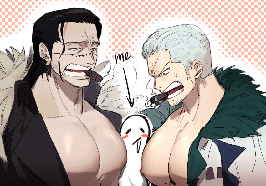 2boys artist_self-insert bara beard black_hair brown_eyes cigar crocodile_(one_piece) earrings facial_hair fur_coat goatee hair_slicked_back highres jacket jewelry large_pectorals long_sideburns looking_at_another male_focus mature_male multiple_boys muscular muscular_male one_piece open_clothes open_jacket pectorals sandwiched scar scar_on_face short_hair sideburns smoker_(one_piece) smoking stubble sweatdrop white_hair ynnn_m