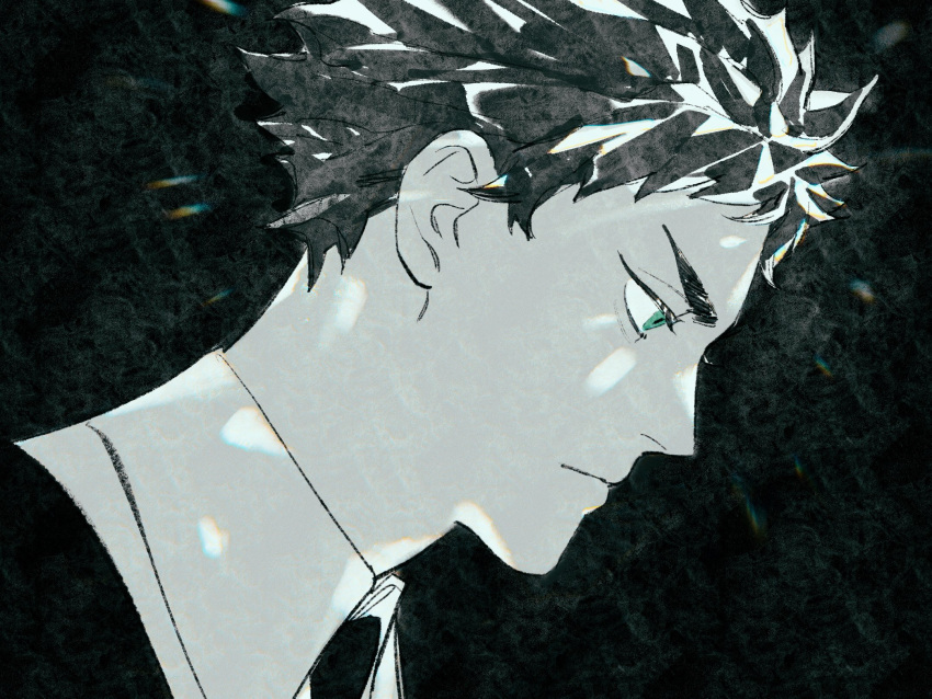 1boy akaashi_keiji black_background black_hair black_necktie chengongzi123 closed_mouth collared_shirt commentary_request crystal_hair green_eyes haikyuu!! highres houseki_no_kuni looking_to_the_side male_focus necktie portrait refraction shirt short_hair simple_background very_short_hair