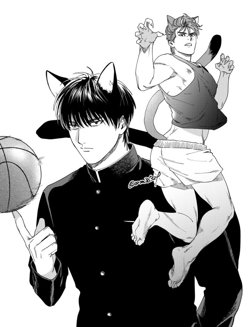 2boys animal_ears ball bara basketball_(object) cat_boy cat_ears cat_tail closed_mouth greyscale highres jacket large_pectorals male_focus monochrome multiple_boys muscular muscular_male nipples om3632f pectorals rukawa_kaede sakuragi_hanamichi shorts slam_dunk_(series) tail tank_top teeth twitter_username