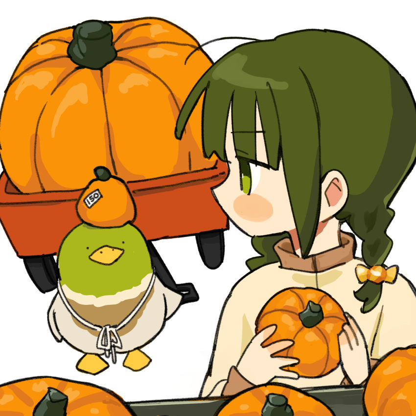 1girl bird blush braid collared_shirt food fuu_(ozu_(oz_yarimasu)) green_eyes green_hair guu_(ozu_(oz_yarimasu)) highres holding holding_food holding_pumpkin holding_vegetable looking_at_animal low_twin_braids original oversized_plant ozu_(oz_yarimasu) profile pumpkin shirt short_twintails simple_background smock solo twin_braids twintails v-shaped_eyebrows vegetable wagon white_background white_shirt