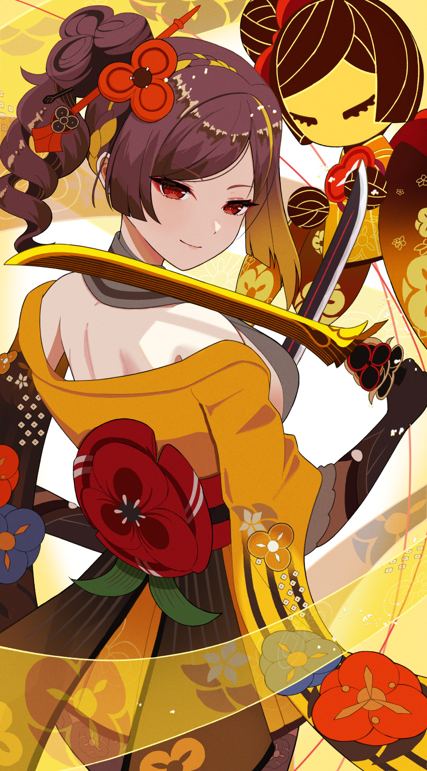 1girl absurdres bare_shoulders black_gloves brown_hair chiori_(genshin_impact) commentary_request cowboy_shot dual_wielding genshin_impact gloves haori highres holding holding_sword holding_weapon japanese_clothes katana looking_at_viewer mannan_(zwei_strum) medium_hair off_shoulder ponytail red_eyes short_sleeves smile solo standing sword tamoto_(genshin_impact) uraku_misugiri_(genshin_impact) weapon