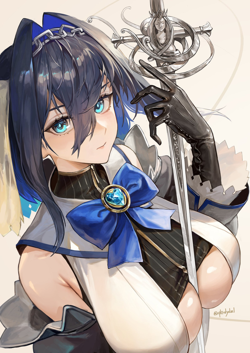 1girl between_breasts black_gloves blue_eyes blue_hair blue_ribbon breasts chain chain_headband clothing_cutout collar colored_inner_hair detached_sleeves gloves hair_between_eyes hair_intakes heart highres holding holding_weapon hololive hololive_english jewelry juliet_sleeves large_breasts long_sleeves looking_at_viewer multicolored_hair ouro_kronii ouro_kronii_(1st_costume) puffy_sleeves ribbon santafe99 shirt short_hair sideboob simple_background sleeveless sleeveless_shirt sleeveless_turtleneck solo sword sword_between_breasts turtleneck twitter_username two-tone_hair underboob underboob_cutout veil virtual_youtuber weapon