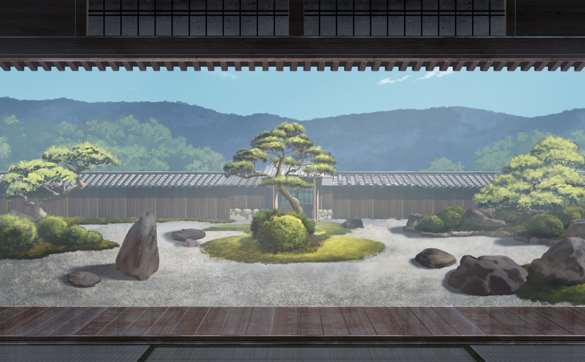 architecture bush choc0_(oda0208) cloud cobblestone courtyard day east_asian_architecture highres mountain no_humans original revision rock rock_garden scenery sky sliding_doors tile_roof tree wooden_floor wooden_wall