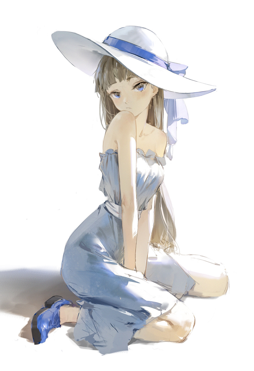 1girl absurdres arms_between_legs bare_shoulders blue_eyes blue_footwear blush breasts brown_hair commentary dino_(dinoartforame) dress hat hat_ribbon highres lawine_(sousou_no_frieren) long_hair looking_at_viewer ribbon simple_background sitting small_breasts solo sousou_no_frieren straight_hair strapless strapless_dress sun_hat very_long_hair wariza white_background white_dress