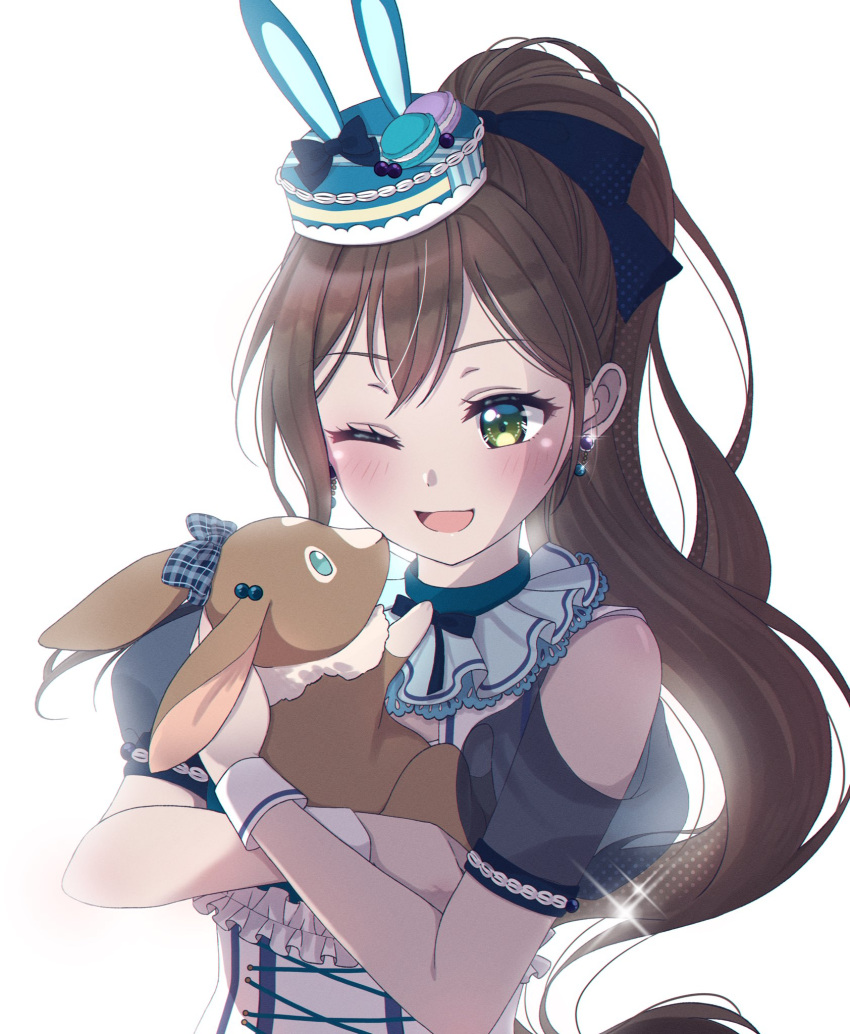 1girl :d animal bang_dream! bloom blue_bow blue_headwear blue_ribbon blush bow brown_hair earrings food frilled_shirt_collar frills green_eyes hair_bow hanazono_tae highres holding holding_animal jewelry long_hair looking_at_animal macaron open_mouth ponytail ppora rabbit ribbon see-through see-through_sleeves shirt short_sleeves smile solo sparkle white_background wrist_cuffs