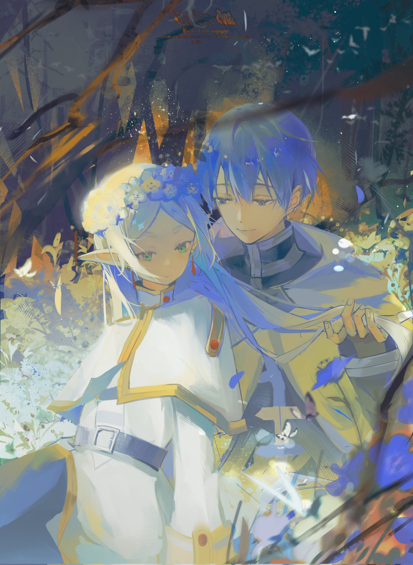 1boy 1girl belt blue_eyes blue_flower blue_hair cloak closed_mouth couple dress efanziyu elf flower frieren green_eyes hand_up head_wreath hetero high_collar highres himmel_(sousou_no_frieren) holding_another's_hair light_blue_hair long_hair pointy_ears short_hair simple_background smile sousou_no_frieren white_cloak white_dress white_hair