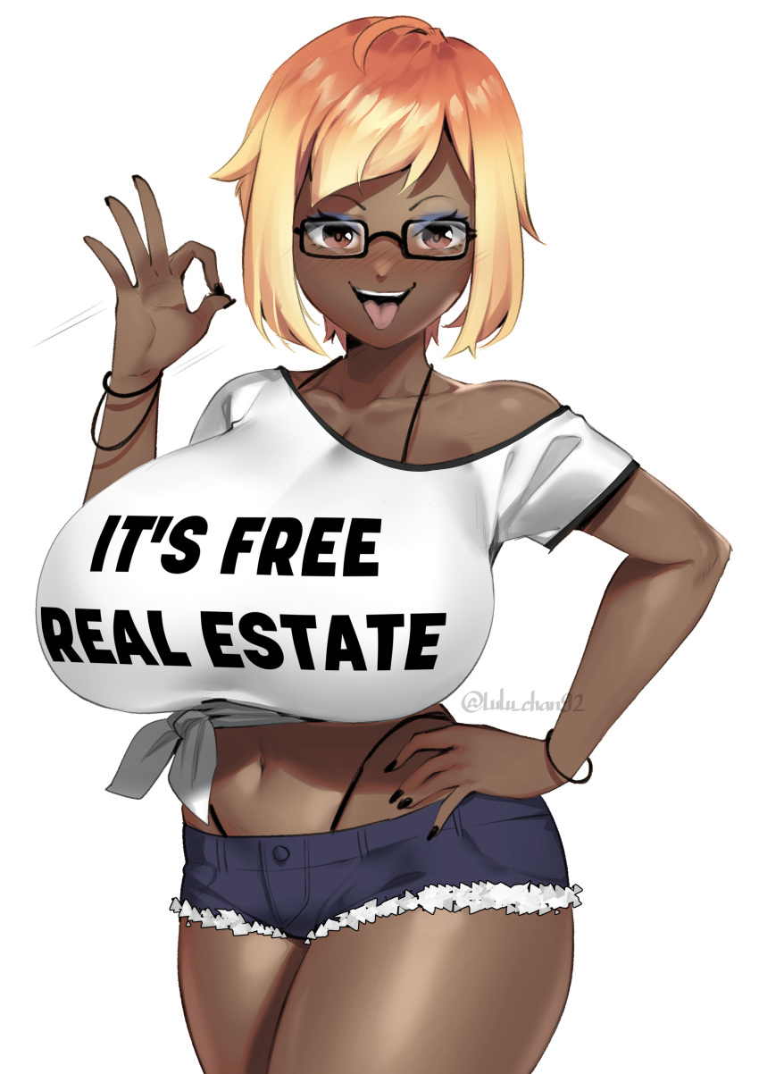 1girl absurdres bikini blonde_hair breasts dark-skinned_female dark_skin english_text glasses gyarlu_(lulu-chan92) highres huge_breasts it's_free_real_estate_(meme) looking_at_viewer lulu-chan92 medium_breasts meme navel ok_sign original string_bikini swimsuit tank_top tongue tongue_out