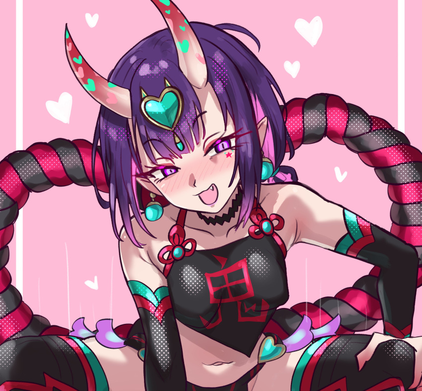 1girl absurdres bare_shoulders black_fundoshi black_thighhighs blush breasts chinese_clothes collarbone detached_sleeves dudou earrings ebora eyeliner fate/grand_order fate_(series) forehead_jewel fundoshi highres horns japanese_clothes jewelry looking_at_viewer low_twintails makeup navel oni open_mouth pointy_ears purple_eyes purple_hair short_hair short_twintails shuten_douji_(fate) shuten_douji_(halloween_caster)_(fate) skin-covered_horns small_breasts smile solo squatting thighhighs twintails