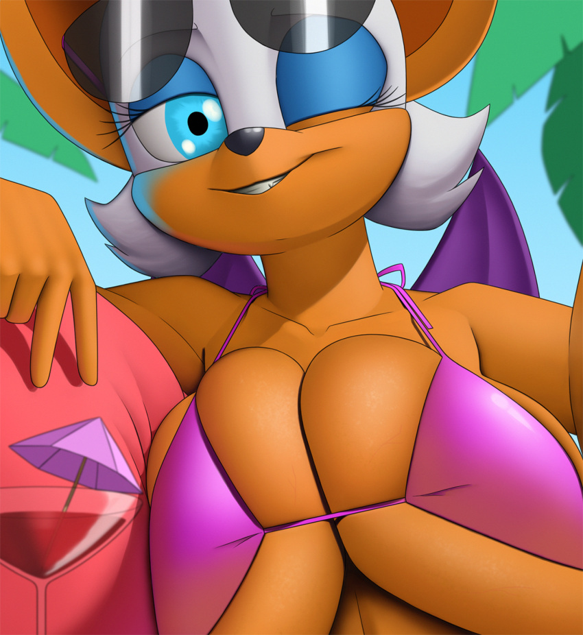 anthro bat beverage big_breasts bikini breasts cleavage clothed clothing creatiffy digital_media_(artwork) eyewear eyewear_on_head female fur hi_res huge_breasts humanoid looking_at_viewer makeup mammal membrane_(anatomy) membranous_wings rouge_the_bat sega selfie simple_background smile solo sonic_the_hedgehog_(series) sunglasses sunglasses_on_head swimwear teeth topwear under_boob white_body white_fur wings