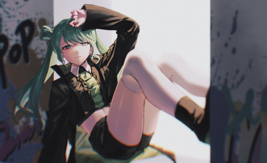 1girl black_footwear black_jacket black_shorts blurry chromatic_aberration cropped_jacket cropped_shirt depth_of_field double_bun expressionless full_body graffiti green_eyes green_hair hair_between_eyes hair_bun hatsune_miku highres jacket long_hair long_sleeves looking_at_viewer shiny_skin shorts sidelighting sitting solo thighhighs twintails vocaloid white_thighhighs zhou_huan_(dgpe2833)