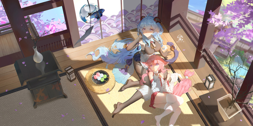 2girls absurdres animal_ears bangs bell blue_butterfly blue_hair breasts brown_bodysuit brown_gloves bug butterfly curled_horns dango elbow_gloves food fox_ears from_above ganyu_(genshin_impact) genshin_impact gloves hair_between_eyes highres horns indoors lap_pillow large_breasts long_hair long_sleeves looking_away looking_up multiple_girls neck_bell no_shoes pink_hair plant potted_plant purple_eyes red_skirt ribao ribbon-trimmed_sleeves ribbon_trim signature skirt tatami thighhighs twitter_username very_long_hair wagashi white_thighhighs wind_chime wooden_floor yae_miko