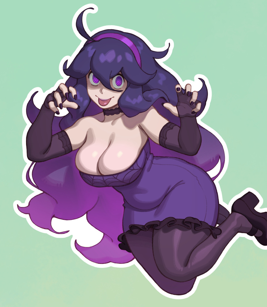 1girl :p @_@ absurdres ahoge alternate_breast_size breasts cleavage covered_navel dress hair_between_eyes hairband hex_maniac_(pokemon) highres large_breasts long_hair looking_at_viewer messy_hair open_mouth plump pokemon pokemon_xy purple_eyes purple_hair purple_hairband riz solo thick_thighs thighs tongue tongue_out very_long_hair