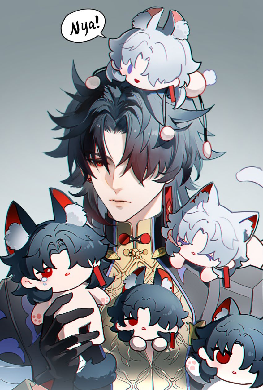 6+boys :d :o animal_ear_fluff animal_ears bandaged_arm bandages bandages_over_clothes black_gloves black_jacket blade_(honkai:_star_rail) blue_hair cat_boy cat_ears cat_tail chinese_commentary closed_eyes closed_mouth commentary_request crying dark_blue_hair earrings expressionless gloves gradient_hair grey_background guaisanmu hair_over_one_eye hand_up highres holding honkai:_star_rail honkai_(series) jacket jewelry long_hair long_sleeves looking_at_another male_focus mini_person miniboy mismatched_earrings multicolored_hair multiple_boys nyan on_head on_shoulder one_eye_covered open_mouth parted_bangs pawpads person_on_head person_on_shoulder red_eyes red_hair sidelocks simple_background sleeping smile speech_bubble stud_earrings tail tears upper_body white_hair yingxing_(honkai:_star_rail)