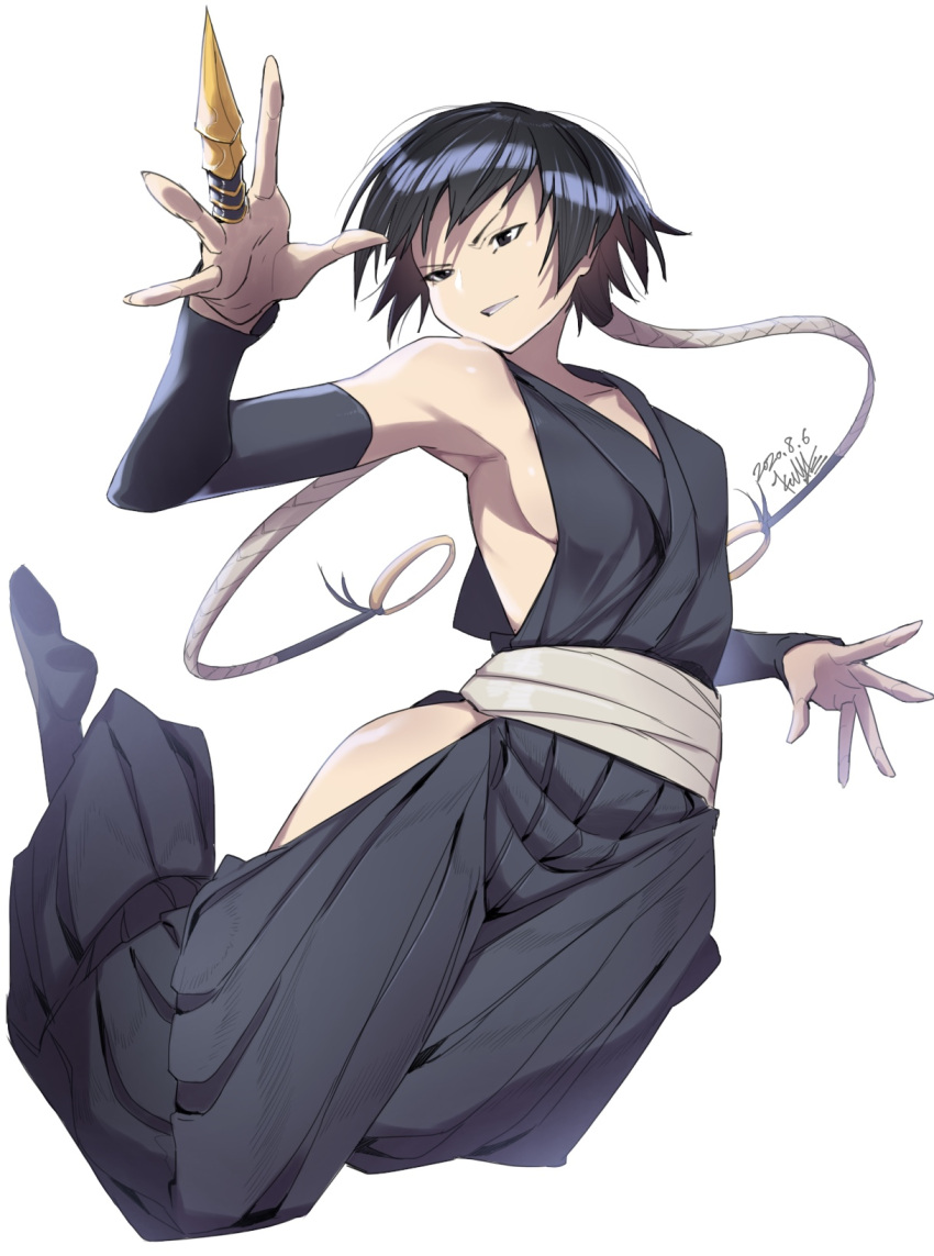 1girl bare_shoulders black_eyes black_hair bleach breasts dated grin haori highres japanese_clothes kuma_(jk0073) long_hair shiny shiny_hair shiny_skin sideboob simple_background small_breasts smile solo sui-feng taichou_haori twintails white_background