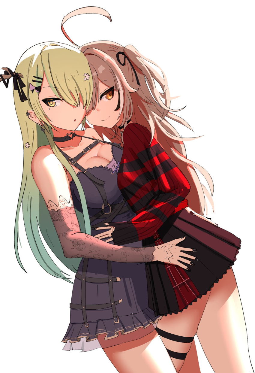 2girls ahoge angelchama antlers black_choker black_dress black_hair black_nails black_skirt black_sleeves black_sweater breasts brown_eyes brown_hair ceres_fauna ceres_fauna_(4th_costume) choker cleavage detached_sleeves dress flower green_hair hair_flower hair_ornament hair_over_one_eye heart heart_choker highres hololive hololive_english horns lace-trimmed_choker lace_trim large_breasts long_hair looking_at_viewer medium_breasts mole mole_under_eye multicolored_hair multiple_girls nail_polish nanashi_mumei nanashi_mumei_(4th_costume) official_alternate_costume red_sweater skirt smile streaked_hair striped_clothes striped_sweater sweater thigh_strap torn_clothes torn_sweater two_side_up virtual_youtuber white_background white_hair x_hair_ornament yellow_eyes