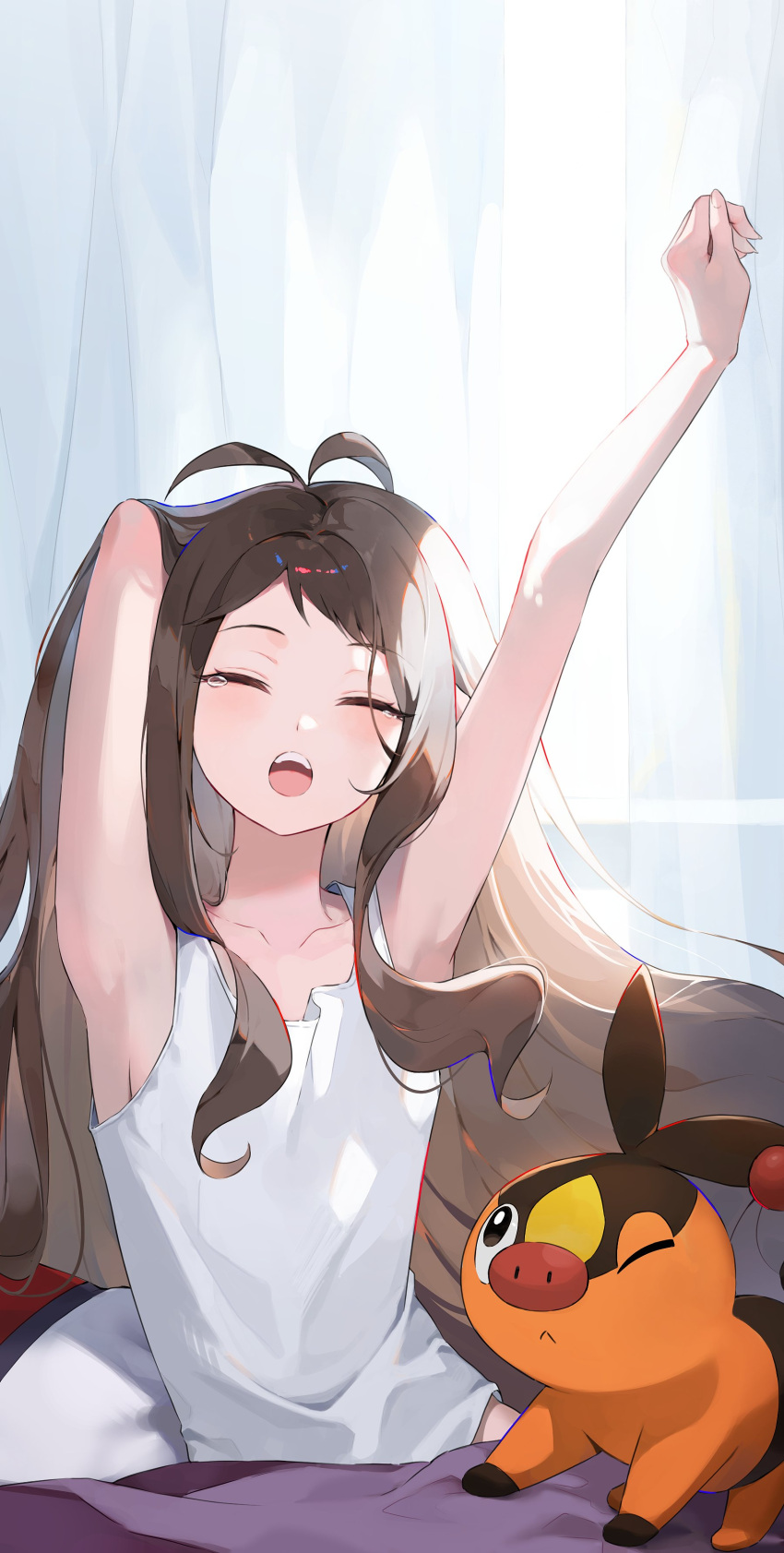 1girl absurdres brown_hair closed_eyes collarbone commentary_request highres hilda_(pokemon) indoors jeokgwang korean_commentary long_hair one_eye_closed open_mouth pokemon pokemon_(creature) pokemon_bw stretching teeth upper_teeth_only yawning