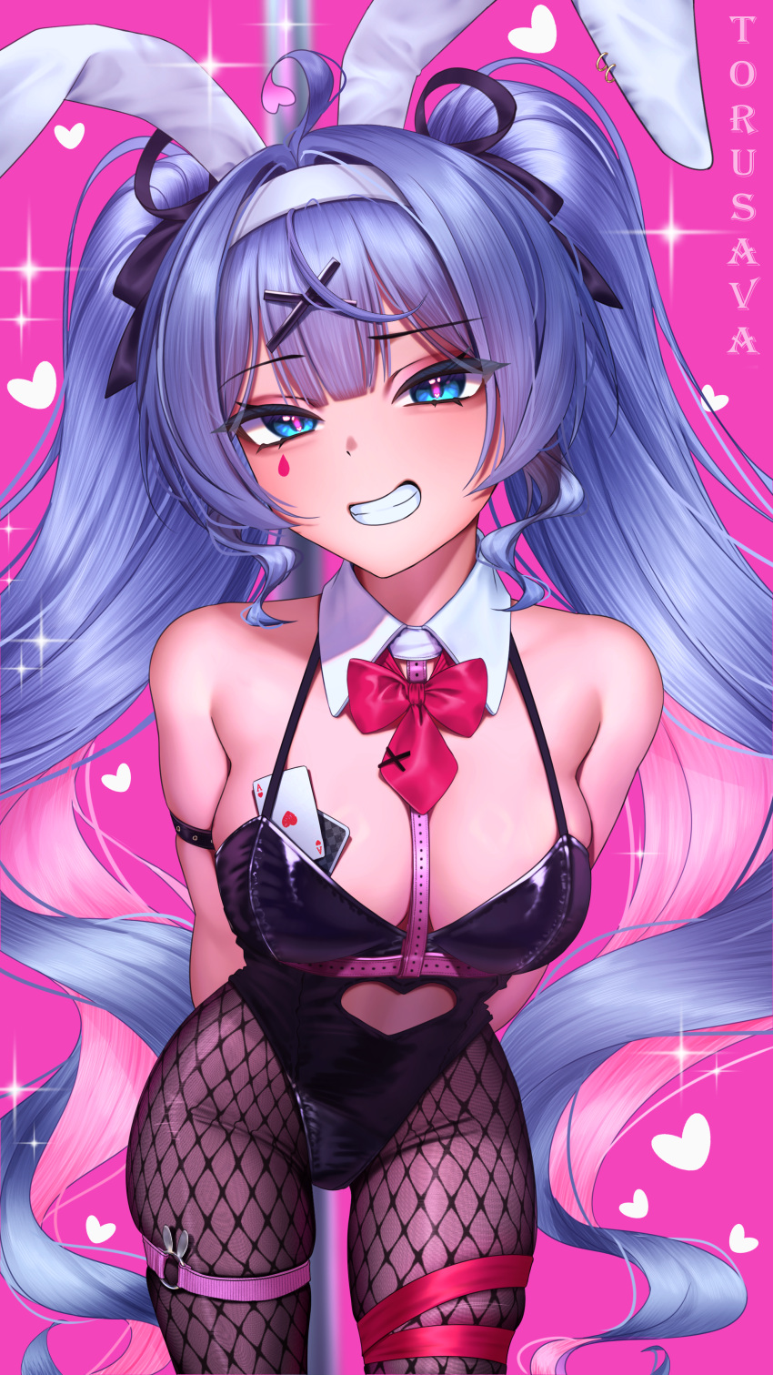 1girl absurdres ahoge animal_ears arms_behind_back artist_name bare_shoulders black_leotard blue_eyes blue_hair blush card clothing_cutout commentary detached_collar fake_animal_ears hair_ornament hatsune_miku heart heart-shaped_pupils heart_cutout highres leotard looking_at_viewer pantyhose pink_pupils playboy_bunny playing_card pole rabbit_ears rabbit_hole_(vocaloid) smile solo stomach_cutout stripper_pole symbol-shaped_pupils teardrop_facial_mark thigh_strap torusava twintails vocaloid x_hair_ornament