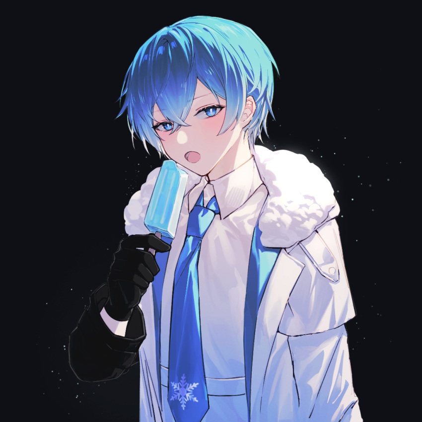 1boy black_background black_gloves blue_eyes blue_necktie blush coat collared_shirt facing_viewer food fur-trimmed_coat fur_trim gloves hair_between_eyes holding holding_food holding_popsicle kaito_(vocaloid) layered_clothes looking_at_viewer male_focus necktie open_clothes open_coat open_mouth pants popsicle project_diva_(series) shirt short_hair sidelighting snow solo standing teeth upper_body vocaloid white_pants white_shirt zhou_huan_(dgpe2833)