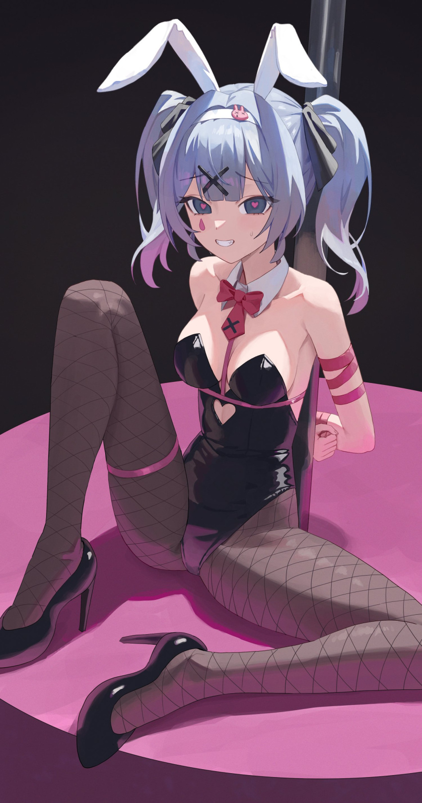 absurdres animal_ears bare_shoulders black_leotard blue_eyes blue_hair bound bound_arms bow bowtie breasts fake_animal_ears hair_ornament hatsune_miku heart heart-shaped_pupils highres leotard pantyhose playboy_bunny pole rabbit_ears rabbit_hole_(vocaloid) smile symbol-shaped_pupils teardrop_facial_mark twintails