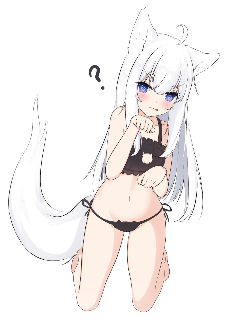 1girl ? @_@ absurdres ahoge animal_ear_fluff animal_ears bare_arms bare_legs bare_shoulders barefoot black_bra black_panties blue_eyes blush bra cat_cutout cat_ear_panties cat_lingerie cleavage_cutout closed_mouth clothing_cutout collarbone commentary english_commentary fox_ears fox_girl fox_tail frilled_bra frills full_body groin highres kneeling kuronagi_(mitora_uwu) long_hair looking_at_viewer meme_attire navel original panties paw_pose side-tie_panties solo tail tongue tongue_out underwear underwear_only very_long_hair white_hair