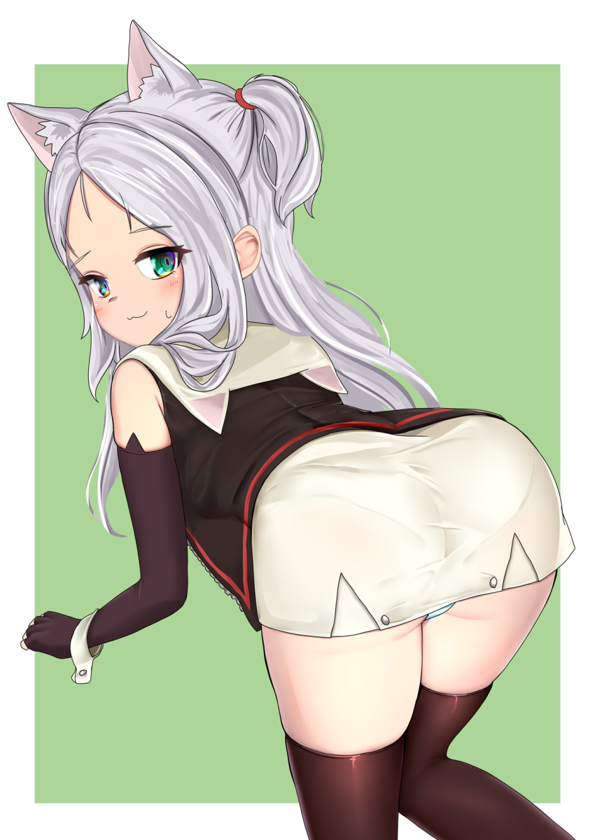 1girl :3 all_fours animal_ears ass azur_lane bare_shoulders bent_over black_gloves black_vest blush cat_ears cat_girl commentary_request dedorudy dress elbow_gloves fingerless_gloves from_behind gloves green_eyes half-closed_eyes highres kneeling long_hair looking_at_viewer looking_back open_clothes open_vest panties panty_peek pantyshot see-through see-through_dress short_dress sims_(azur_lane) sleeveless sleeveless_dress slit_pupils solo string_panties thighhighs thighs underwear unzipped upskirt very_long_hair vest white_dress white_hair wrist_cuffs