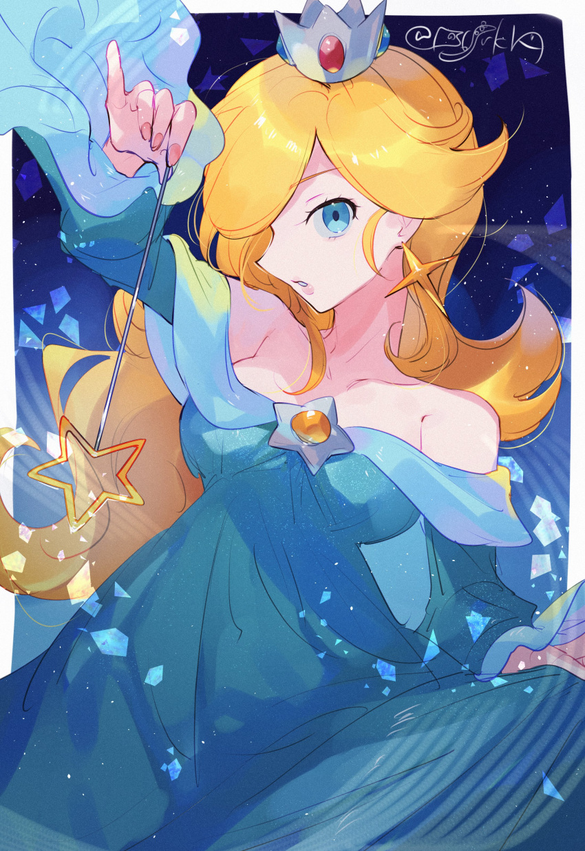 1girl absurdres aqua_dress bare_shoulders blonde_hair blue_eyes breasts brooch collarbone crown dress earrings hanaon highres holding holding_wand jewelry large_breasts long_hair mario_(series) mini_crown off-shoulder_dress off_shoulder solo star_(symbol) star_brooch star_earrings super_mario_galaxy upper_body wand