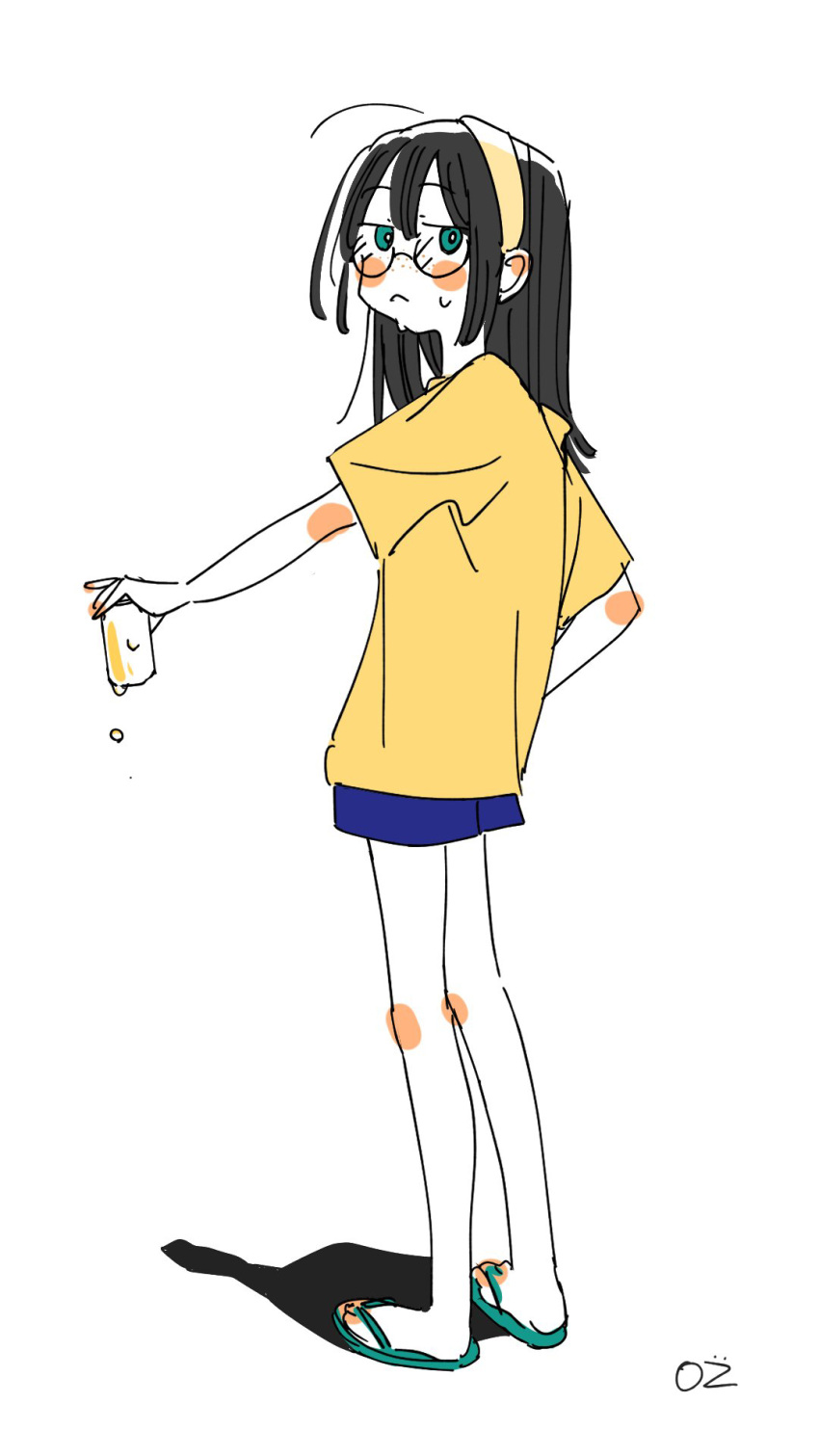 1girl :c arm_at_side bare_legs black-framed_eyewear black_hair blue_eyes blue_footwear blue_shorts blush drink flip-flops from_side full_body glasses hairband highres holding holding_drink kneepits legs_together long_hair looking_at_viewer original outstretched_arm ozu_(oz_yarimasu) round_eyewear sandals shadow shirt short_shorts short_sleeves shorts sidelocks signature simple_background solo straight_hair white_background yellow_hairband yellow_shirt