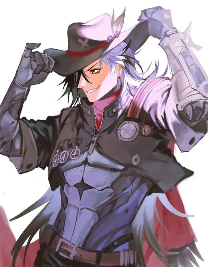 1boy badge belt black_hair black_pants boothill_(honkai:_star_rail) brown_headwear cape cropped_jacket earrings gaechu hair_between_eyes hair_over_one_eye hat hat_feather hat_tip highres honkai:_star_rail honkai_(series) jewelry long_hair male_focus mole mole_under_eye multicolored_hair pants red_cape sharp_teeth smile solo teeth white_background white_hair zipper