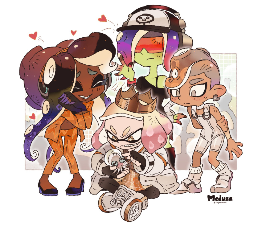 1boy 3girls agent_8_(splatoon) arm_behind_back artist_name baseball_cap black_gloves blonde_hair bodysuit boots border bright_pupils brown_hair cephalopod_eyes closed_eyes closed_mouth colored_skin cross-laced_footwear crown dark-skinned_female dark_skin dedf1sh earrings full_body furrowed_brow gloves gradient_hair green_skin grey_eyes grey_hair hat headphones headphones_over_headwear highres hoop_earrings inkling jacket jewelry knees_together_feet_apart long_hair marina_(splatoon) medium_hair mohawk multicolored_hair multiple_girls navel octoling octoling_boy octoling_player_character open_clothes open_jacket orange_jacket orange_pants outside_border own_hands_together pants pearl_(splatoon) pink_hair print_headwear purple_hair red-tinted_eyewear red_hair sanitized_(splatoon) short_hair sitting sleeveless sleeveless_bodysuit smile smollusk_(splatoon) socks splatoon_(series) splatoon_3 splatoon_3:_side_order standing star-shaped_pupils star_(symbol) sunglasses sweat symbol-shaped_pupils teeth tentacle_hair thick_eyebrows tinted_eyewear twitter_username two-tone_hair white_bodysuit white_border white_footwear white_jacket white_pupils white_socks yellow_eyes yellow_headwear zlayameduza