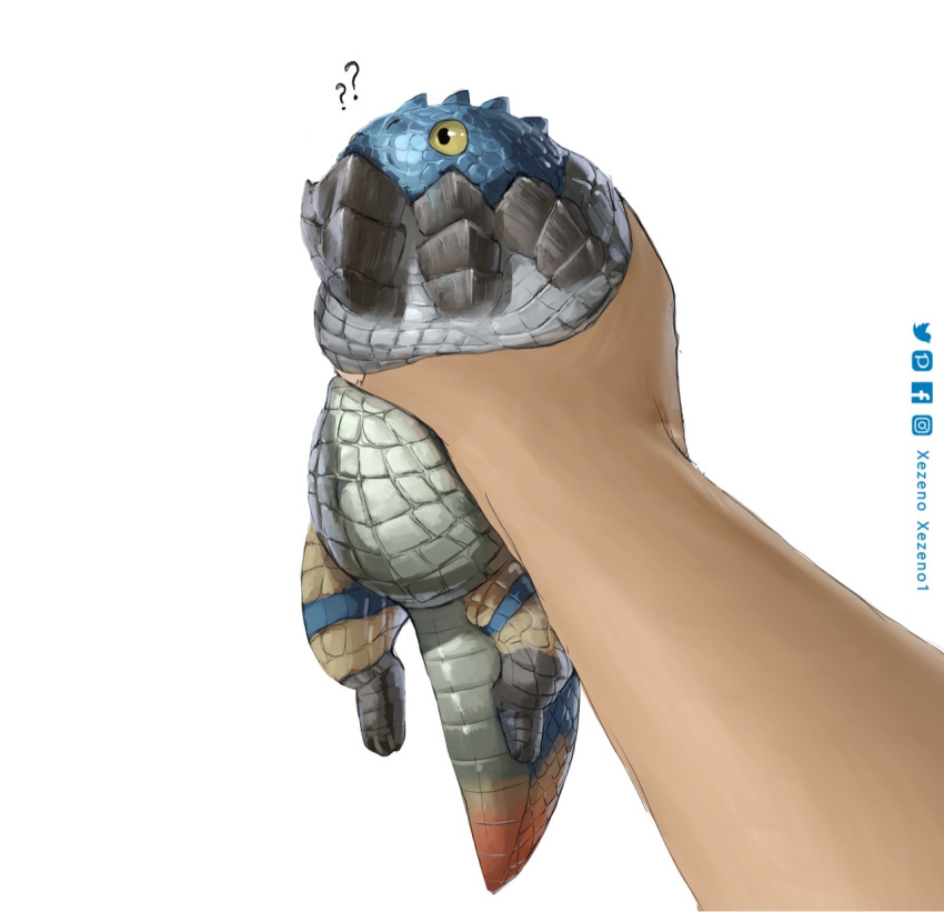 ? ?? alternate_size animal animal_focus artist_name closed_mouth creature dodogama highres holding holding_animal holding_creature lizard monster_hunter:_world monster_hunter_(series) out_of_frame reptile scales tail white_background xezeno yellow_eyes