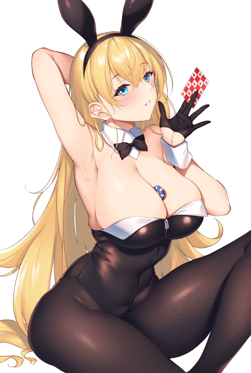 1girl absurdres animal_ears arm_behind_head arm_up armpits azur_lane azur_lane:_slow_ahead bangs bare_shoulders between_breasts black_bow black_bowtie black_gloves black_leotard blonde_hair blue_eyes blush bow bowtie breasts brown_pantyhose card cleavage covered_navel detached_collar eyelashes fake_animal_ears fine_fabric_emphasis gloves hair_between_eyes half_gloves hand_up highleg highleg_leotard highres holding holding_card large_breasts leotard long_hair looking_at_viewer north_carolina_(azur_lane) pantyhose parted_lips playboy_bunny poker_chip rabbit_ears raiou sidelocks simple_background sitting solo strapless strapless_leotard very_long_hair white_background wrist_cuffs