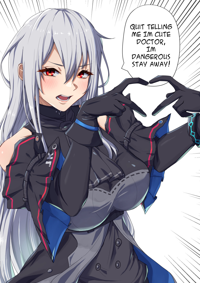 1girl absurdres arknights ascot bare_shoulders black_ascot black_gloves blush breasts commentary detached_sleeves elbow_gloves emphasis_lines english_commentary english_text gloves grey_hair heart heart_hands highres infection_monitor_(arknights) large_breasts long_hair looking_at_viewer no_headwear open_mouth red_eyes short_sleeves skadi_(arknights) solo symmetricturd upper_body very_long_hair white_background