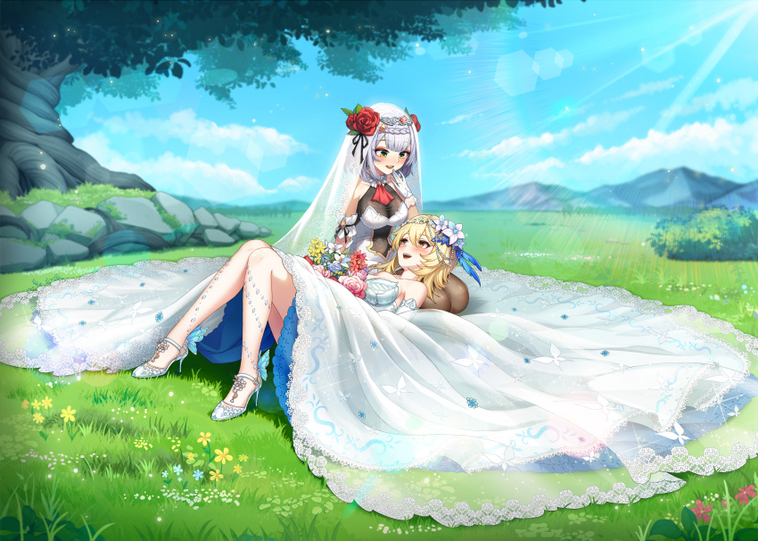 2girls absurdres blue_dress blush breasts bridal_veil bride bug butterfly cleavage dress flower genshin_impact hair_flower hair_ornament high_heels highres implied_yuri kneeling lumine_(genshin_impact) lying multiple_girls no-ba noelle_(genshin_impact) on_back scenery smile thighhighs tree veil wedding_dress white_dress