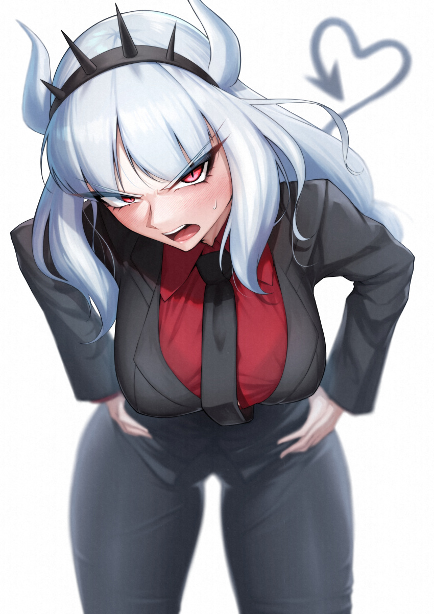 1girl absurdres angry black_jacket black_necktie black_pants bowing crown demon demon_girl demon_horns demon_tail hands_on_own_hips helltaker highres horns jacket long_hair lucifer_(helltaker) mikage_77777 necktie pants red_eyes red_shirt shirt tail white_background white_horns