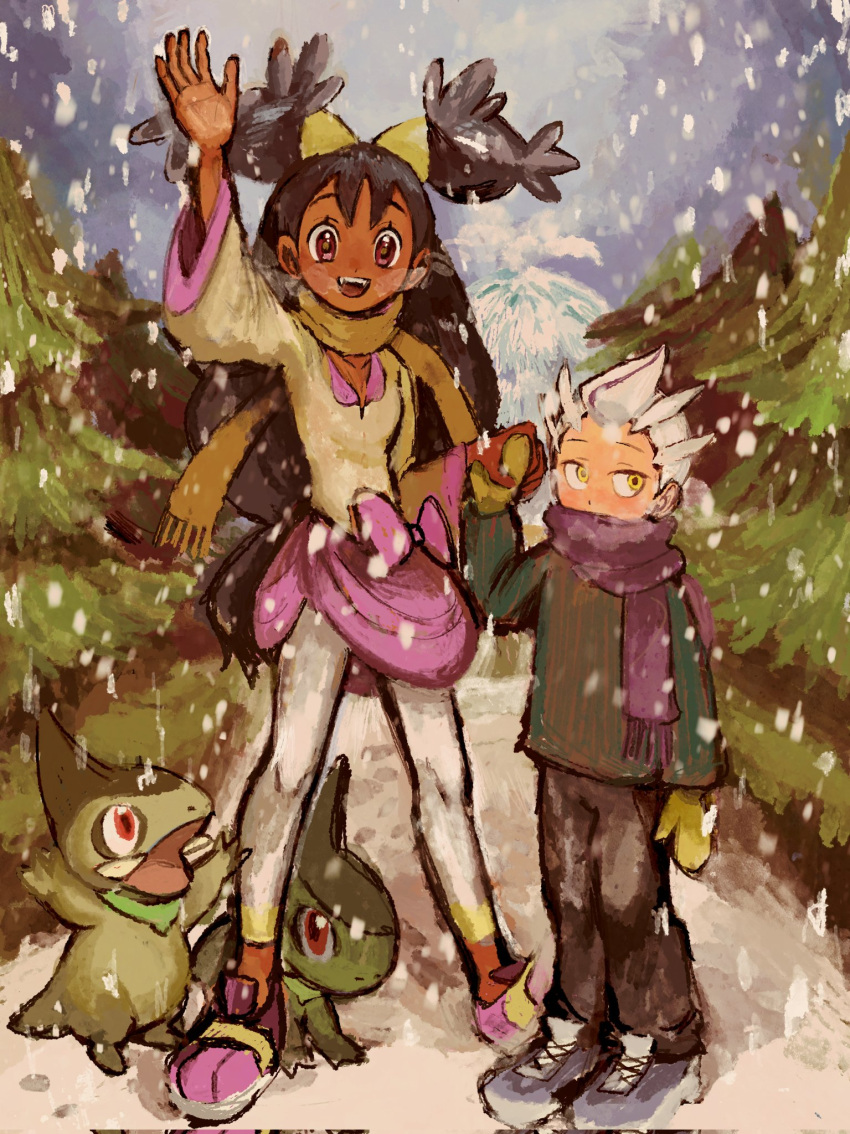 1boy 1girl :d aged_down axew black_hair black_pants brown_scarf commentary_request dark-skinned_female dark_skin drayton_(pokemon) highres iris_(pokemon) korean_commentary leggings long_hair looking_at_viewer mittens multicolored_hair open_mouth outdoors pants pokemon pokemon_(creature) pokemon_bw pokemon_sv purple_hair purple_scarf red_eyes scarf scarf_over_mouth shoes short_hair smile snowing standing streaked_hair teeth tree two-tone_hair upper_teeth_only white_hair white_leggings wrozzii yellow_mittens