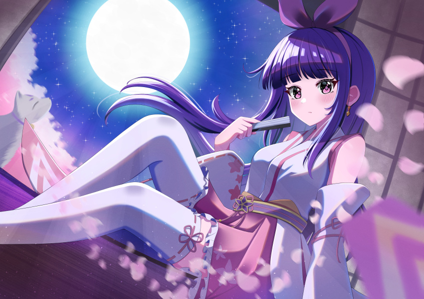 1girl absurdres animal ayanokouji_kanna blush bow_hairband commentary detached_sleeves dog earrings english_commentary folded_fan folding_fan full_moon hairband hand_fan highres holding holding_fan japanese_clothes jewelry kimono knee_up long_hair long_sleeves looking_at_viewer maplestory moon night night_sky petals pink_eyes purple_hair sitting sky sleeveless sleeveless_kimono solo star_(sky) starry_sky surisuririsu thighhighs very_long_hair wind