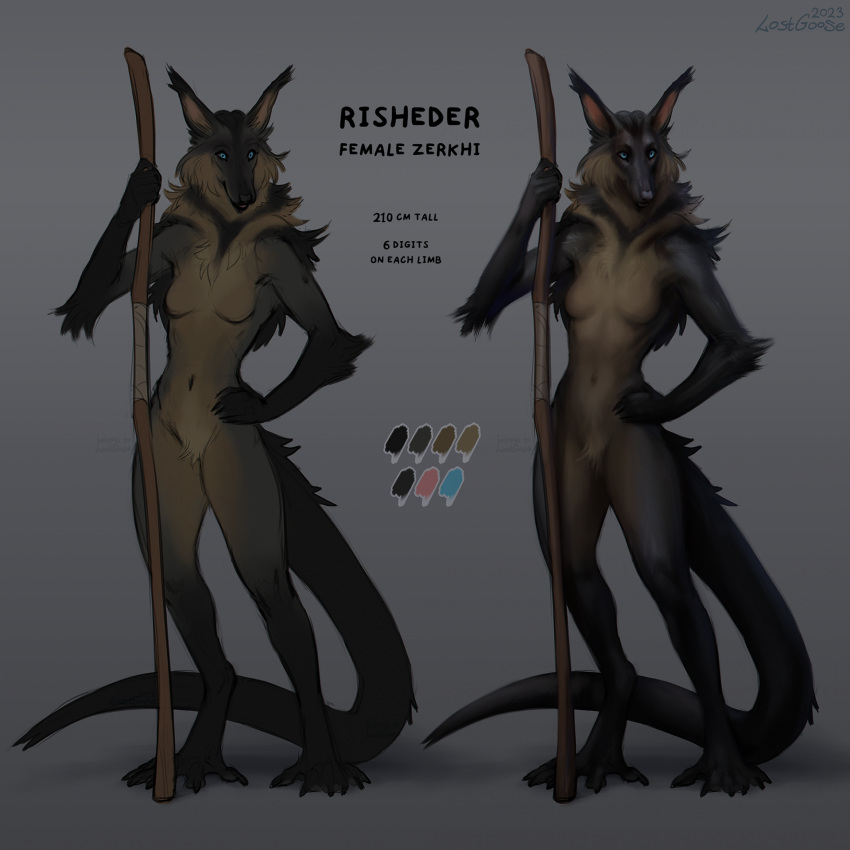 anthro blue_eyes brown_body brown_fur canid canine female fur hi_res lostgoose mammal model_sheet solo standing stick